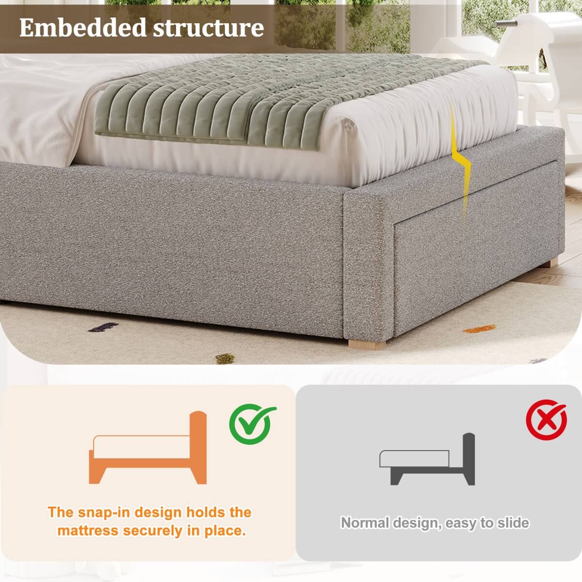 3FT Single Upholstered Chenille Bed - Slatted Frame with Storage & Headboard