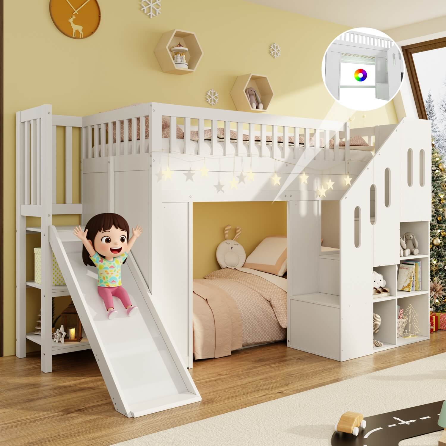3ft Kids Loft Bed with Storage Stairs & LED Lights - Solid Wood Cabin Bed, White
