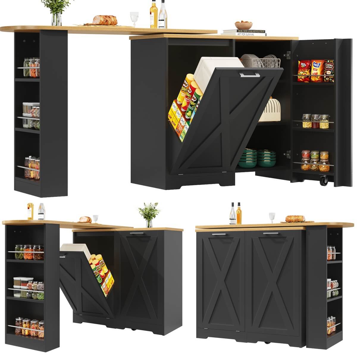 360° Rotating Kitchen Island Cabinet — Swivel Storage Sideboard with Shelves, Black